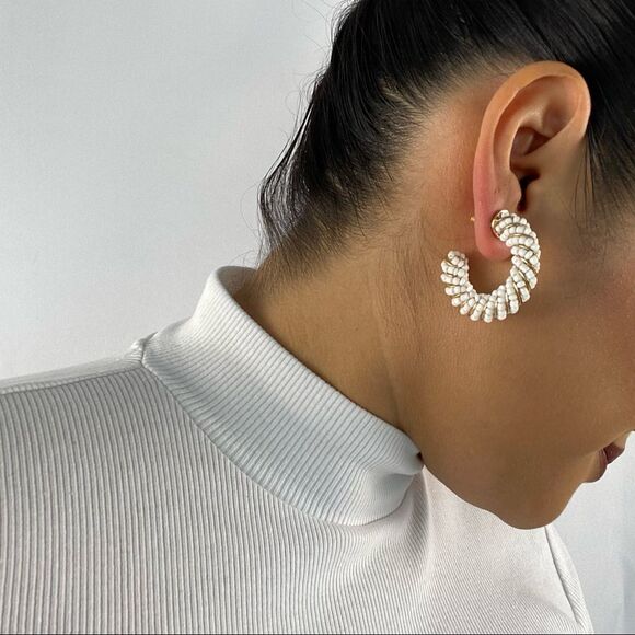 NWT Beaded White and Gold Hoops - Picture 7 of 8